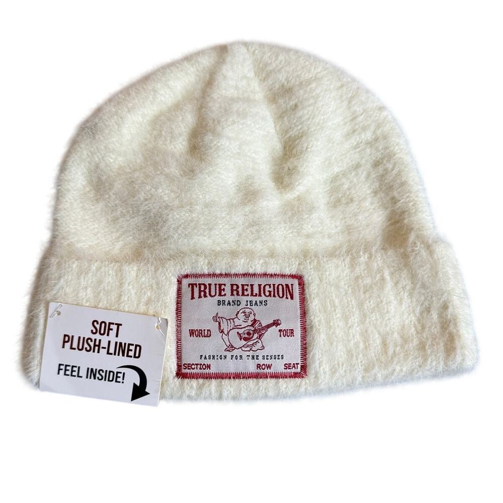 New with Tags True Religion White Fuzzy Sherpa lined beanie Logo patch